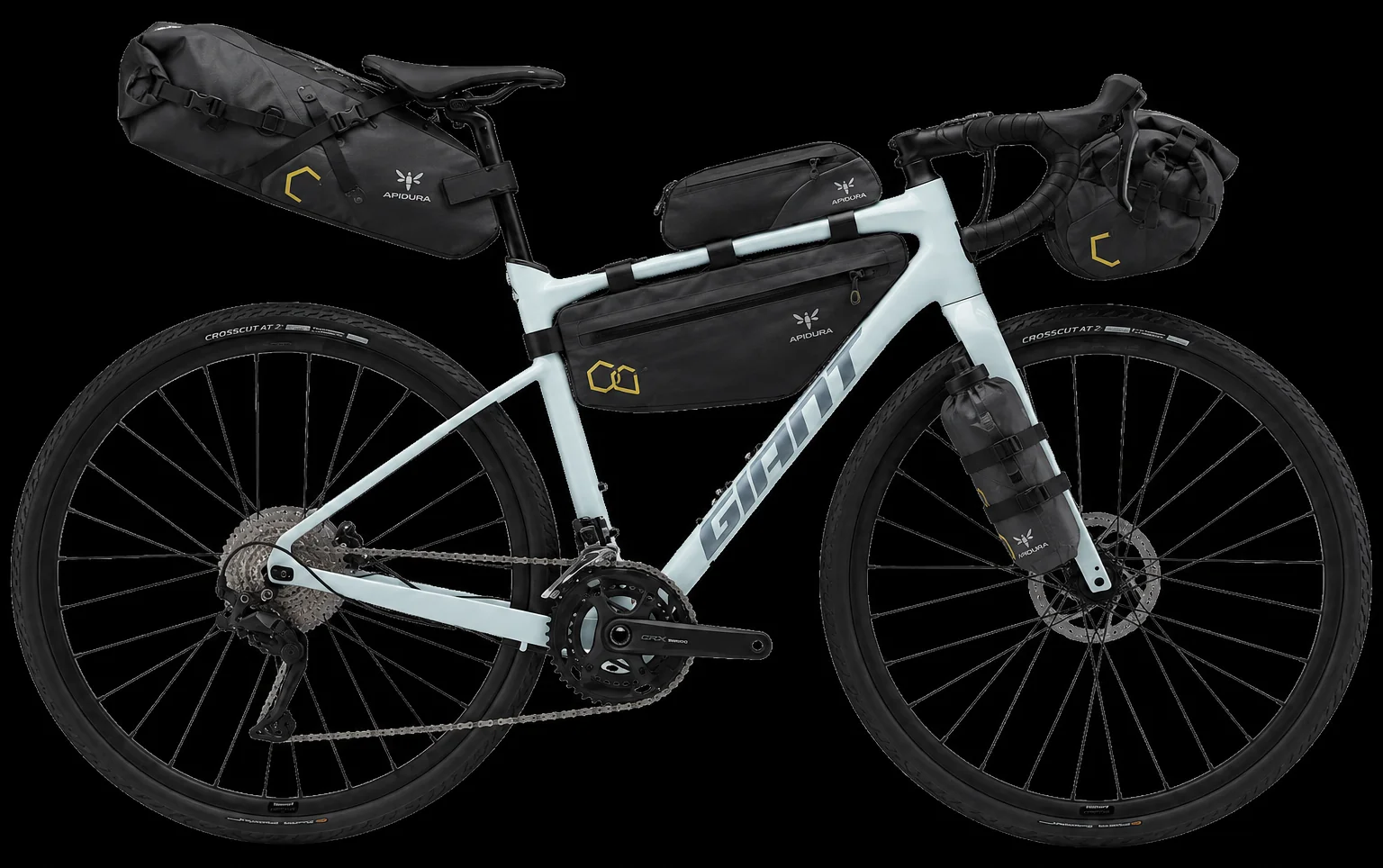 Gravel Giant Revolt 2 con bolsas de bikepacking Apidura completas, alquiler en Barcelona